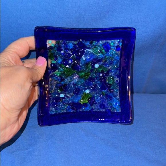Fused Blue / Green Glass Trinket Dish - Picture 2 of 3